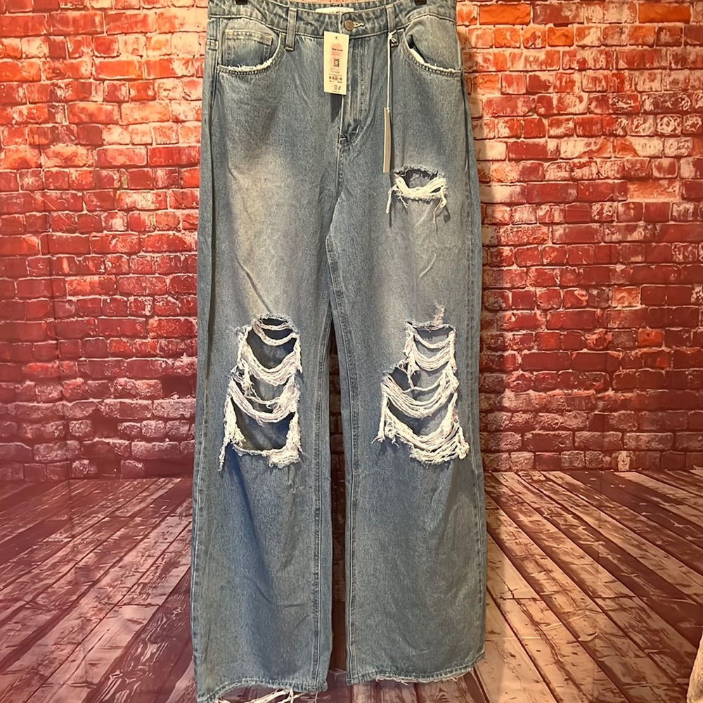 Flying Monkey Breezy Indigo Loose 90s Jeans Distressed Wide Leg NWT